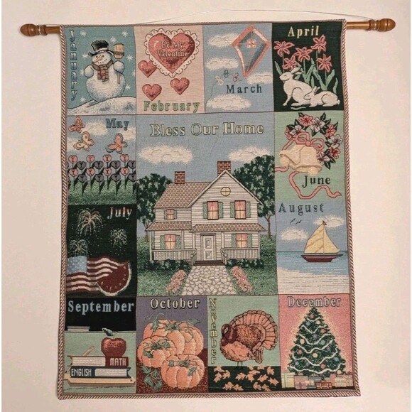 EUC Hanging Holiday Monthly Calendar Woven 90's Tapestry Wall Art Americana - Picture 1 of 6